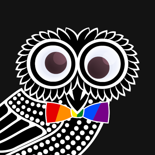 A black and white owl with a rainbow bowtie in line art style